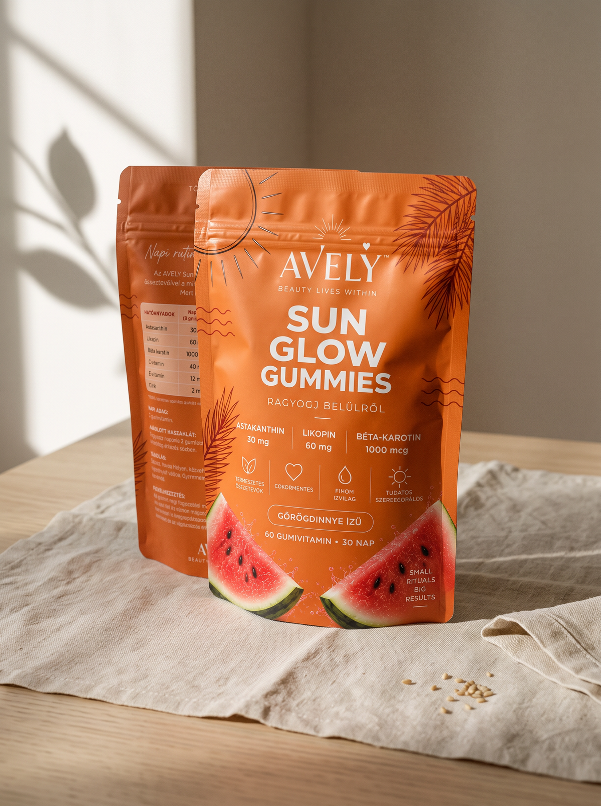 AVELÝ™ Sun Glow Gummies – Görögdinnye ízű szépségvitamin, 60 db